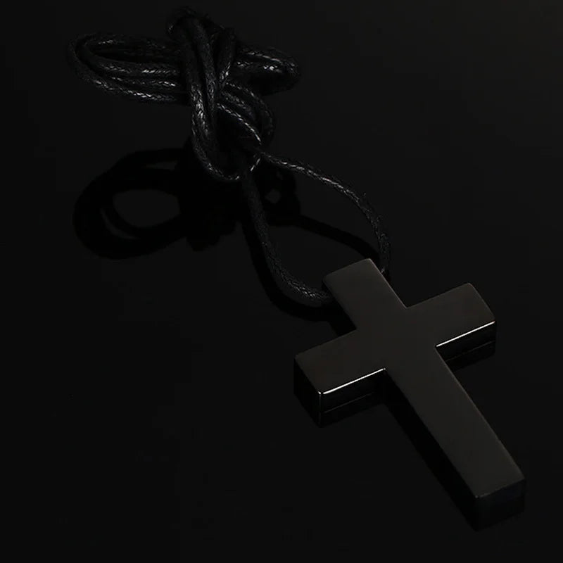 Classic Black Cross Pendant with Rope Chain Necklace Stainless Steel Men's Jewelry Simple Style Crucifix Choker Colar