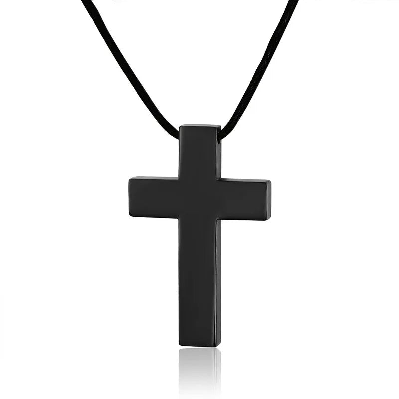 Classic Black Cross Pendant with Rope Chain Necklace Stainless Steel Men's Jewelry Simple Style Crucifix Choker Colar