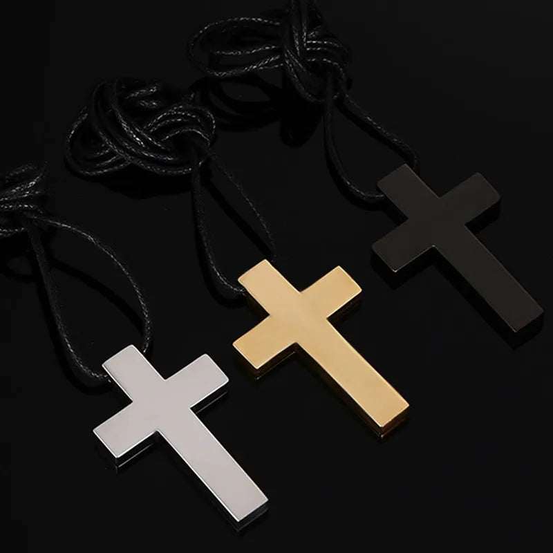 Classic Black Cross Pendant with Rope Chain Necklace Stainless Steel Men's Jewelry Simple Style Crucifix Choker Colar